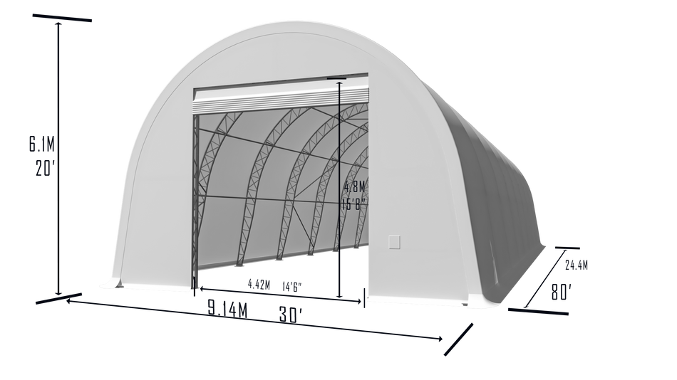 Double Truss Round M Model Storage Shelter W30'xL80'xH20'