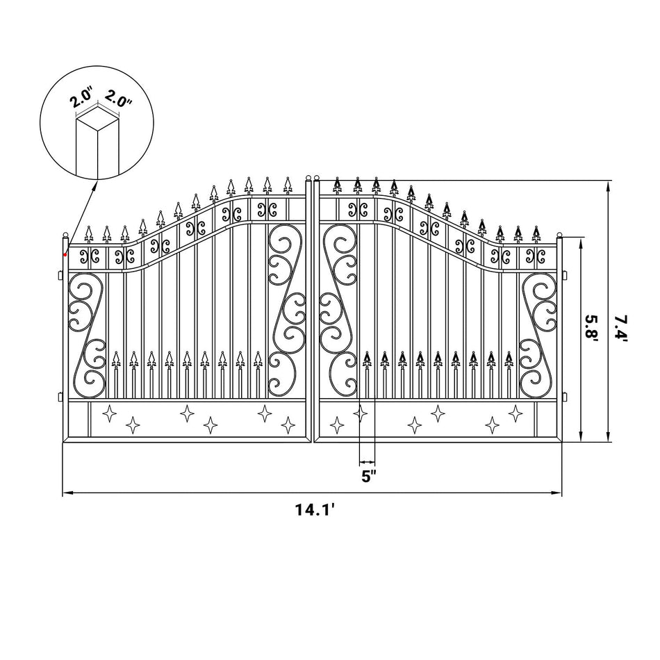 Dimensions of Greatbear 14 ft dual swing driveway gate with Star pattern